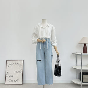 일자핏 컷팅 연청 찢청 데님 청바지(S-XL) 착용 후기 | 사이즈/핏 총정리 - 상품 이미지 4