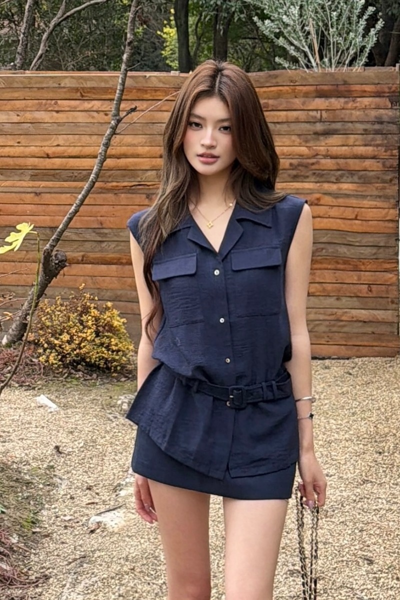 여성 여름 카라넥 민소매 셔츠 미니스커트 투피스 벨트세트 이미지 6