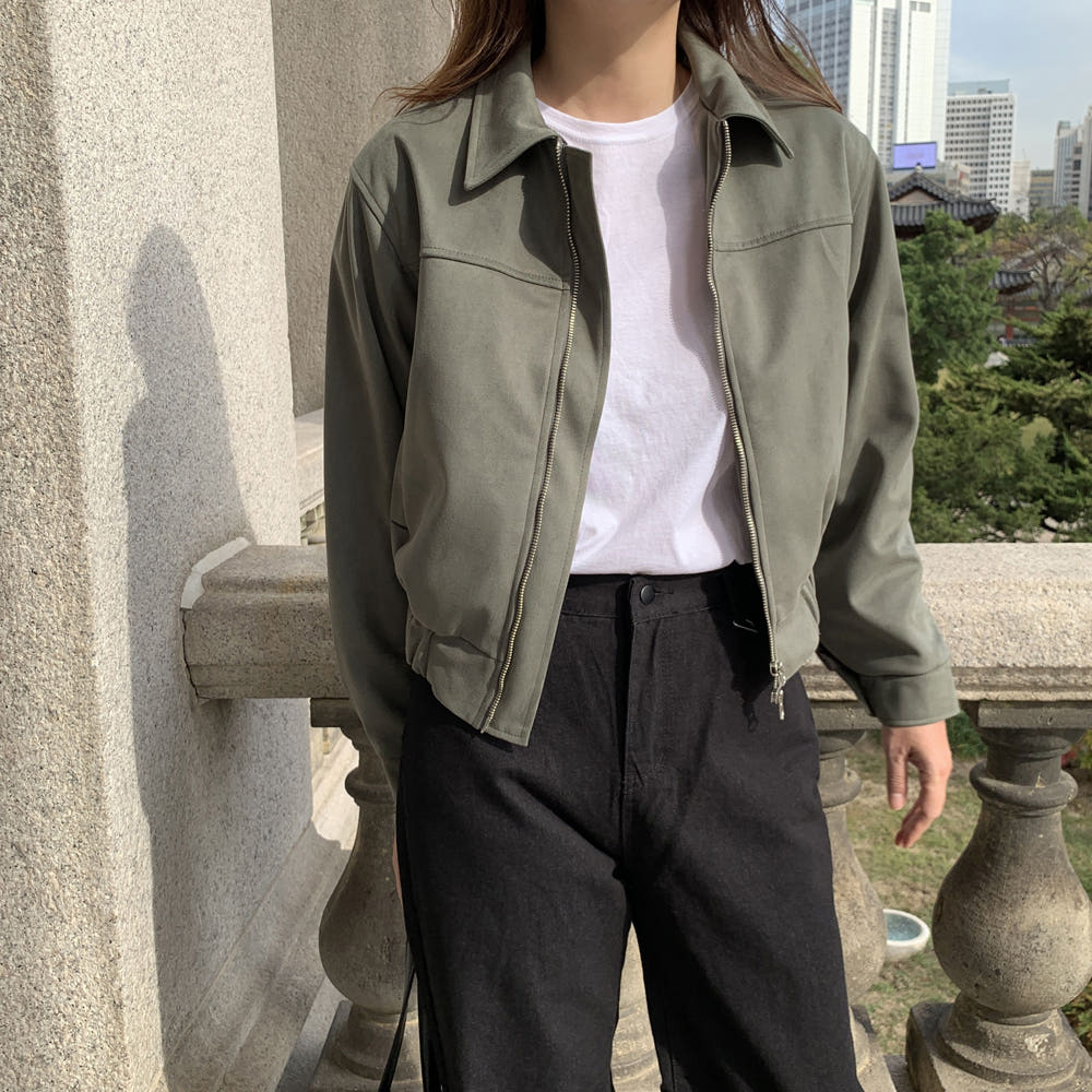 루즈핏 카라넥 크롭 레더 스웨이드 블루종 여자 간절기 아우터 여성 봄 점퍼 - 상품 이미지