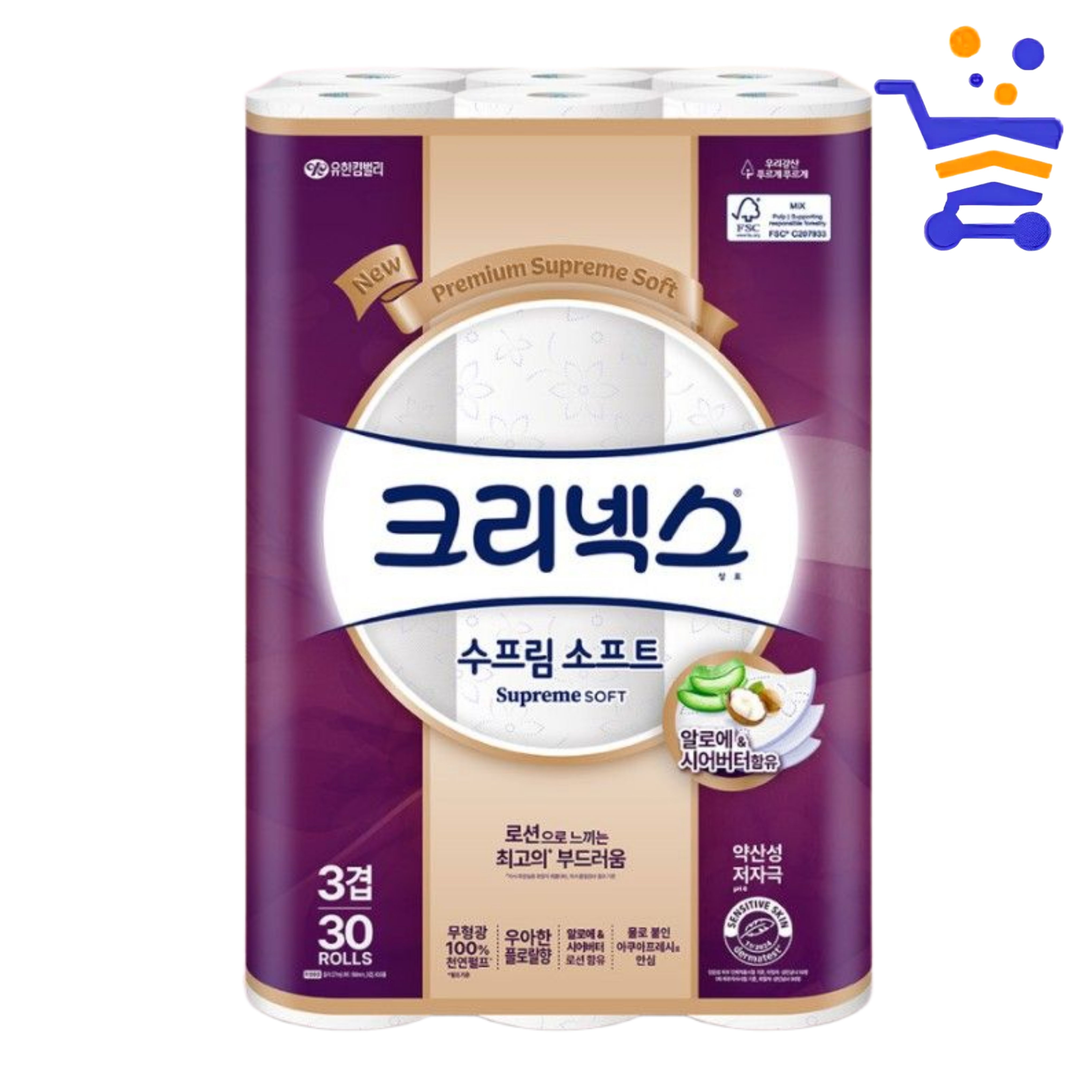 크리넥스 수프림 소프트 3겹 27m 30롤 롤화장지 화장실 두루마리 휴지 - 상품 이미지