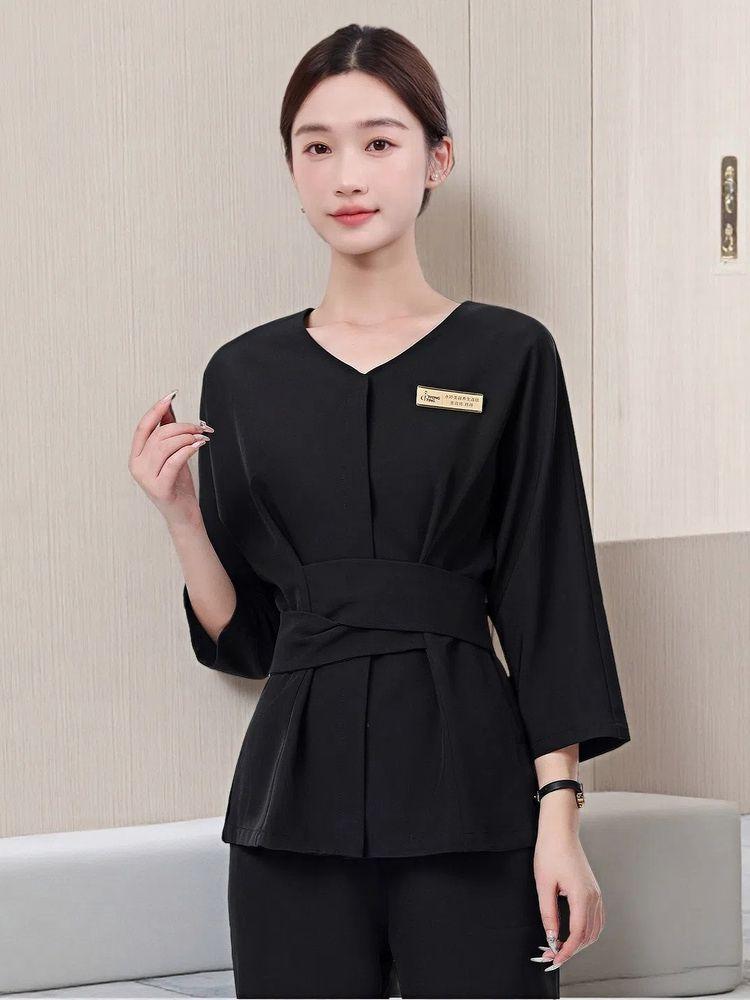 피부미용유니폼 마사지샵 스킨케어 피부관리사 에스테틱 블랙 3/4 소매 상의 + 바지 S - 상세 이미지 2