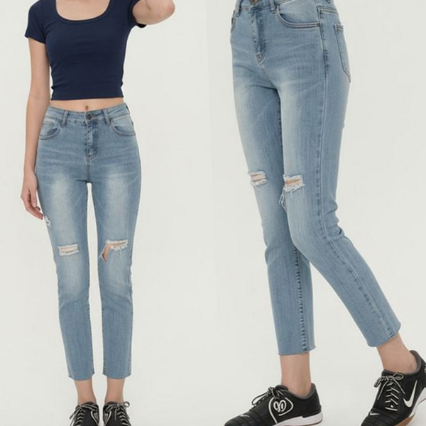 찢어진 여성 데님 팬츠 스판 데님 팬츠 밑단 컷팅 일자 - 상품 이미지