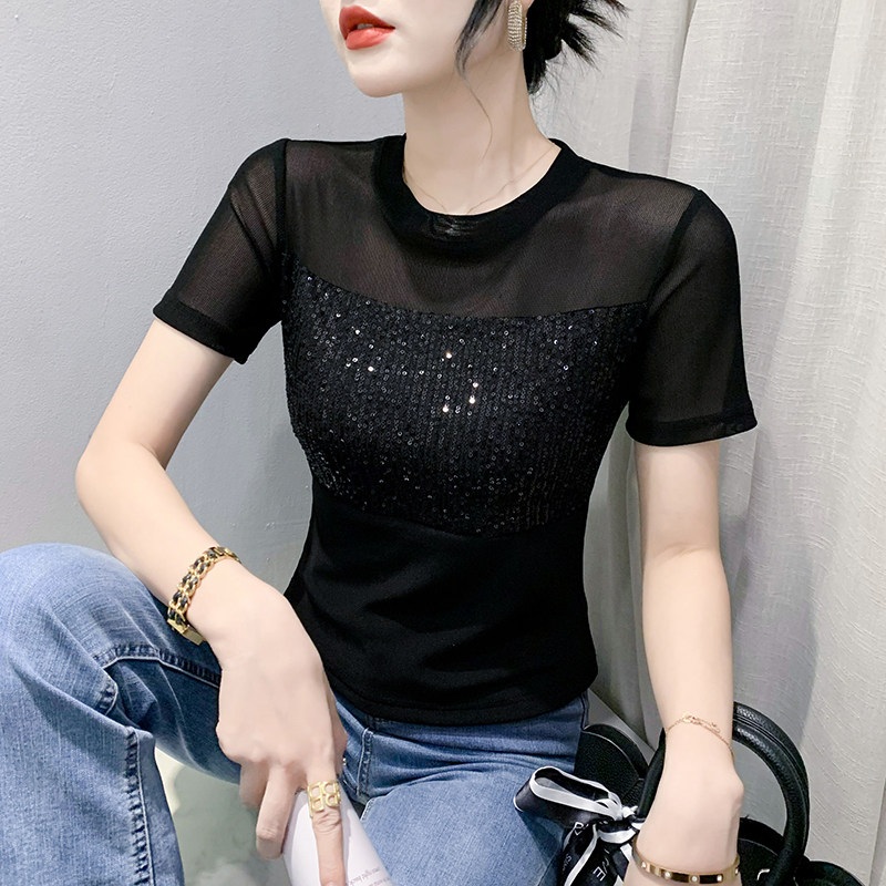 라인댄스상의 스팽글 라운드넥 티셔츠 시스루 반팔 메쉬 망사 디자인 반짝이 슬림핏 여성용 - 상품 이미지