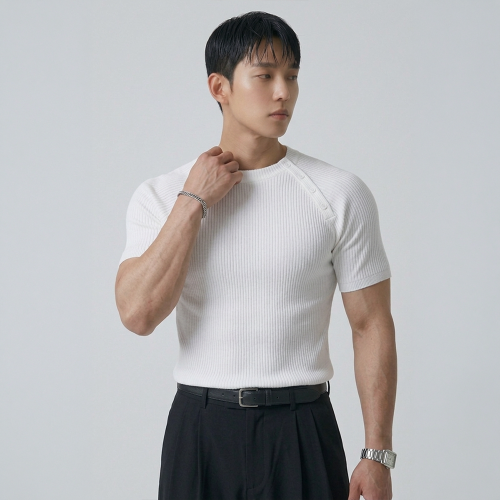 머슬핏 골지 사이드버튼 반팔티셔츠 D087 - 상세 이미지 4