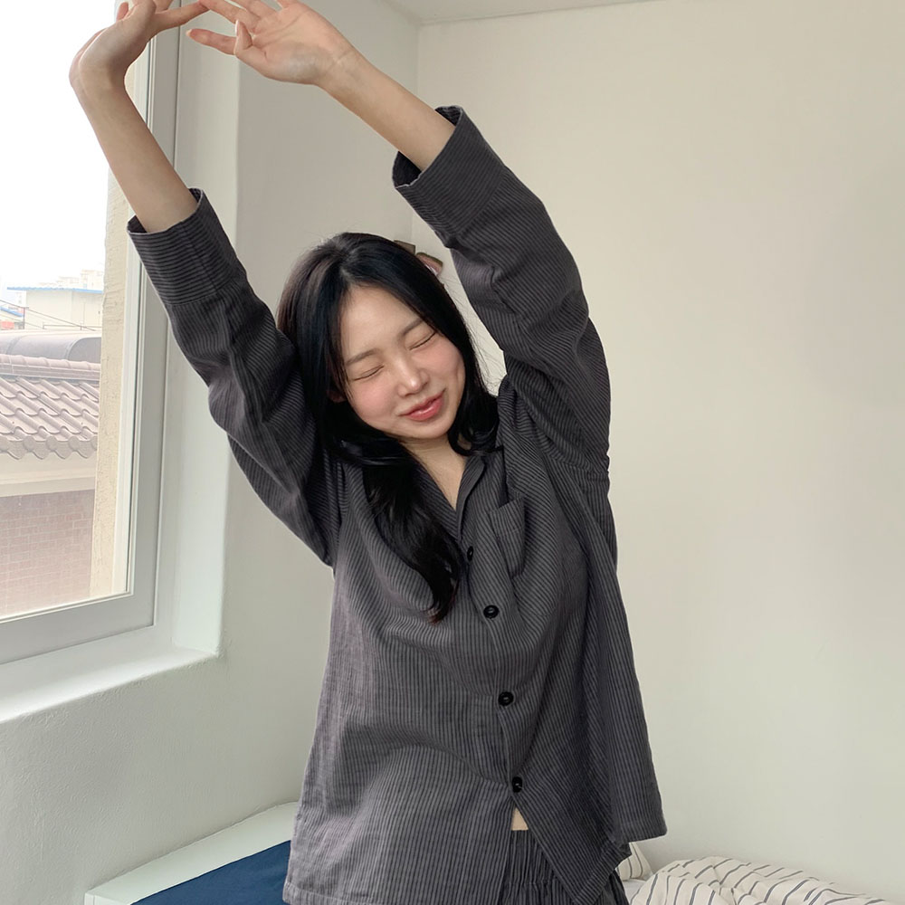 모노 스트라이프 긴팔 커플파자마 남녀공용 잠옷세트 1color - 상세 이미지 4