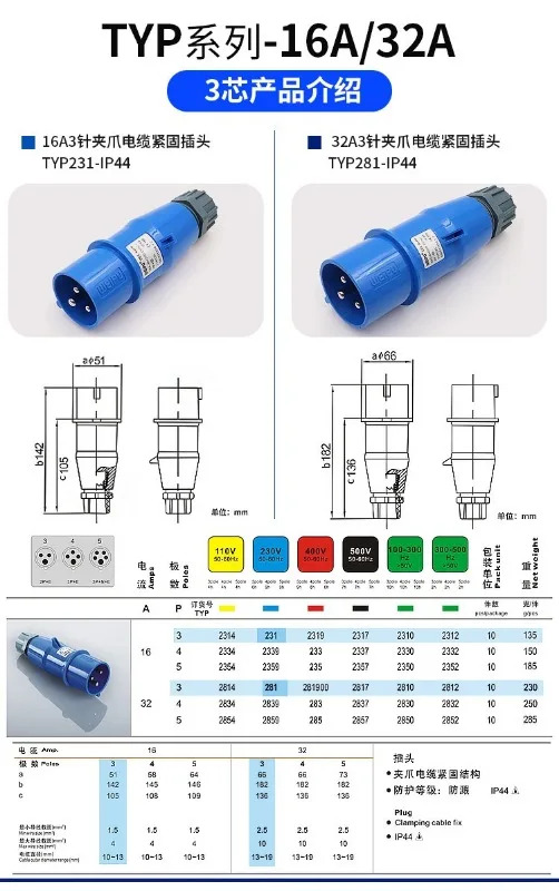 Weipu 산업16A32A3 코어 표면 장착형 숨겨진 모바일 TYRP231 방수 커넥터 항공 소켓 2PCS