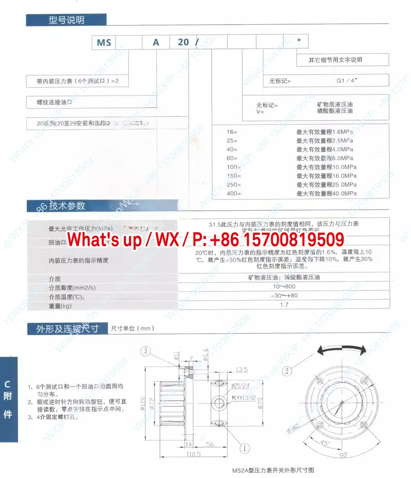 MS2A20/400/2 6점식 압력 게이지 스위치 유압 오일 40mpa 수동 전달