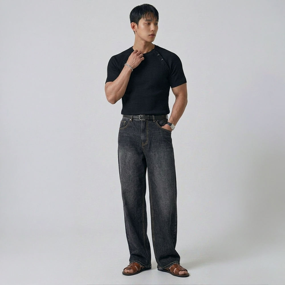머슬핏 골지 사이드버튼 반팔티셔츠 D087 이미지 8