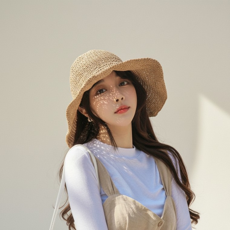 휴가용 라탄 와이어 챙모자 여름 바캉스 플로피햇 여자 버킷햇 56-58cm - 상품 이미지