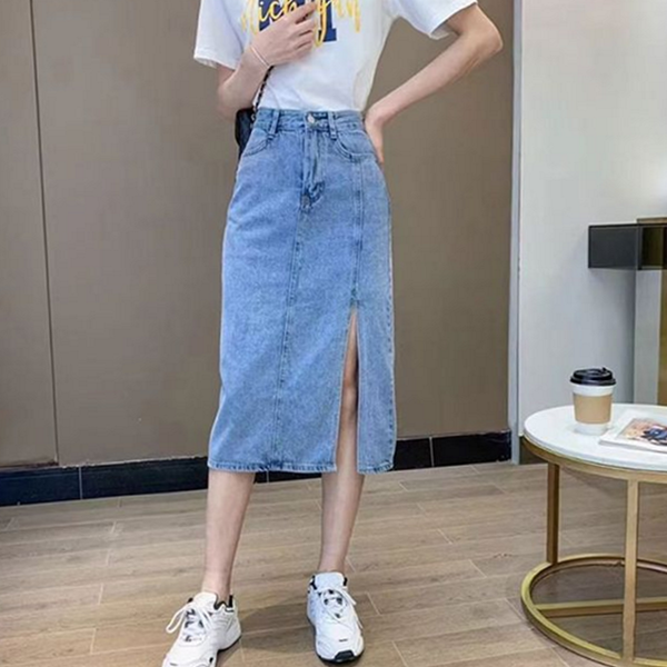캐주얼 여성 데님 스커트 슬림 여성 트임 스커트 데일리 미디 - 상품 이미지