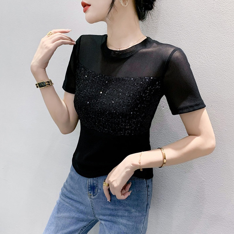 라인댄스상의 스팽글 라운드넥 티셔츠 시스루 반팔 메쉬 망사 디자인 반짝이 슬림핏 여성용 - 상세 이미지 2