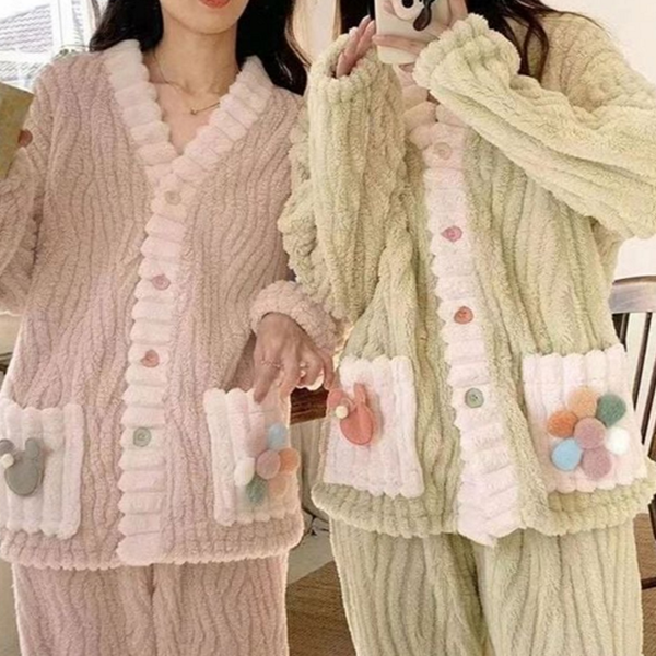 귀여운 여성 수면 잠옷 따뜻한 수면 잠옷 투피스 파자마 겨울 - 상품 이미지
