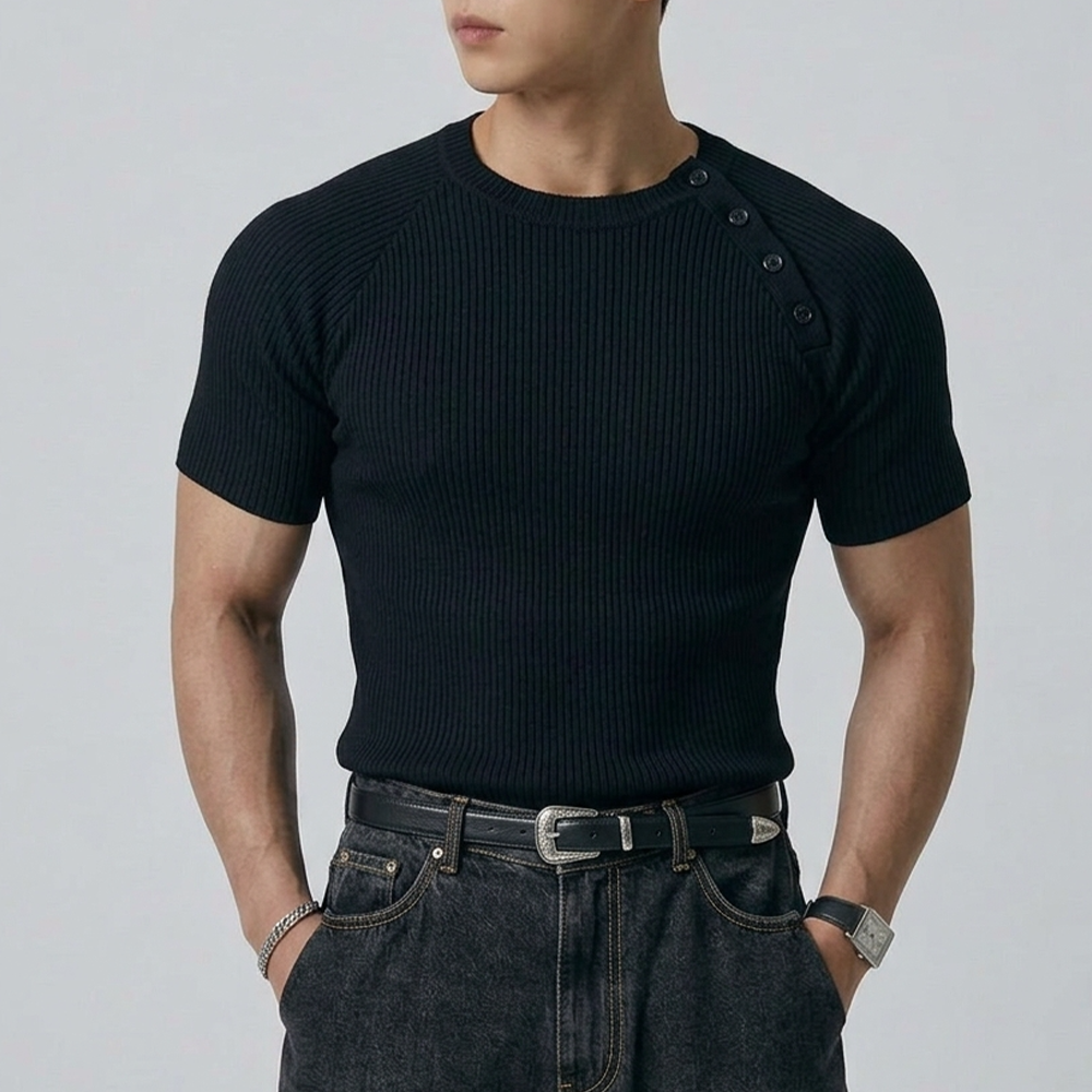 머슬핏 골지 사이드버튼 반팔티셔츠 D087 이미지 6
