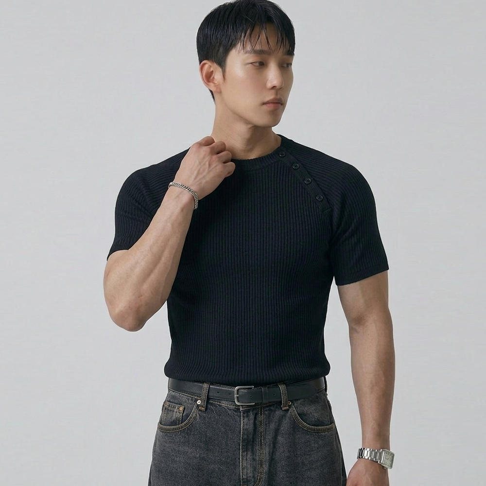 머슬핏 골지 사이드버튼 반팔티셔츠 D087 이미지 7