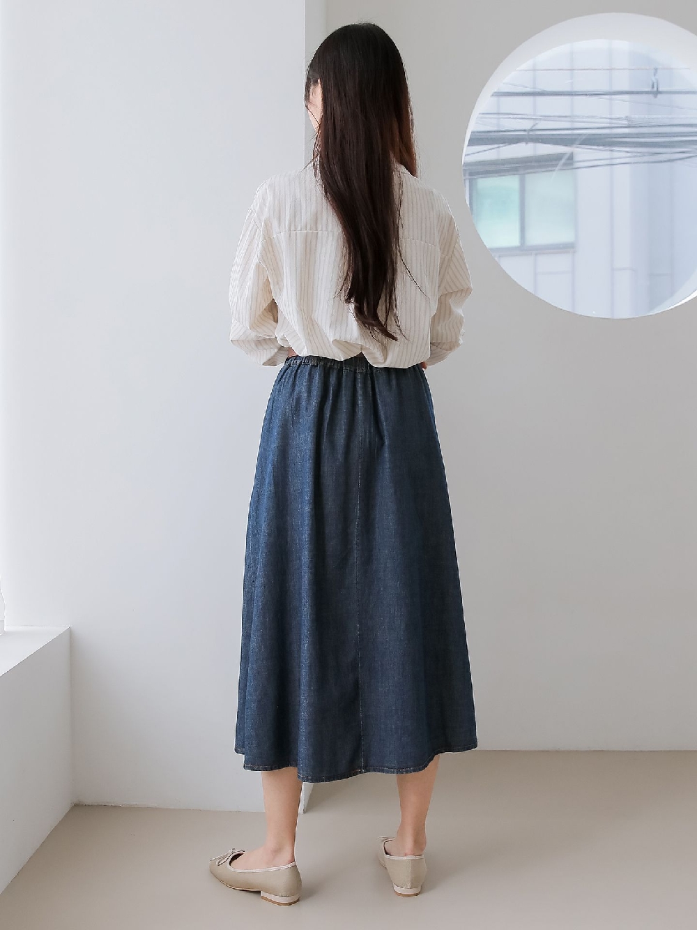 청치마 데님스커트 A라인 주름 핀턱 하이웨스트 벨트 롱 스커트 이미지 7