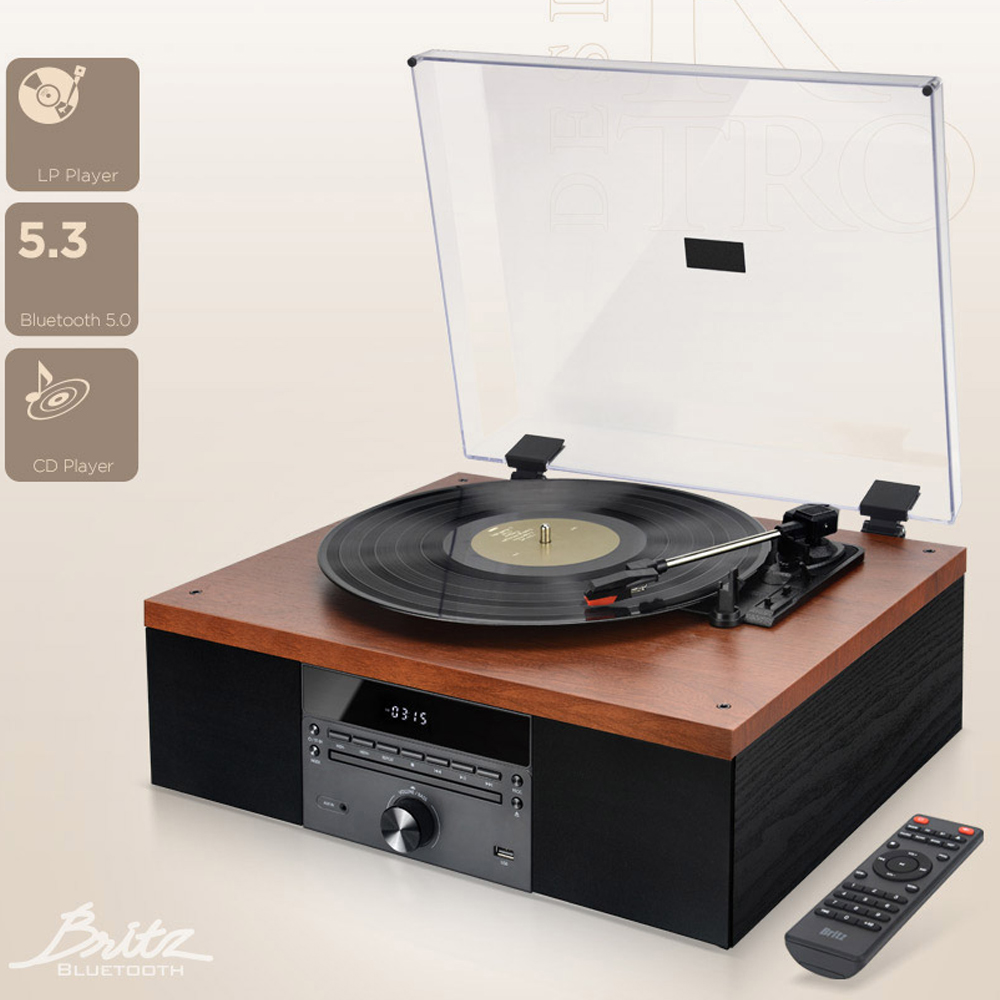 브리츠 레트로 LP 턴테이블 블루투스 5.3 오디오 스피커 CD플레이 라디오 USB 재생 - 상품 이미지