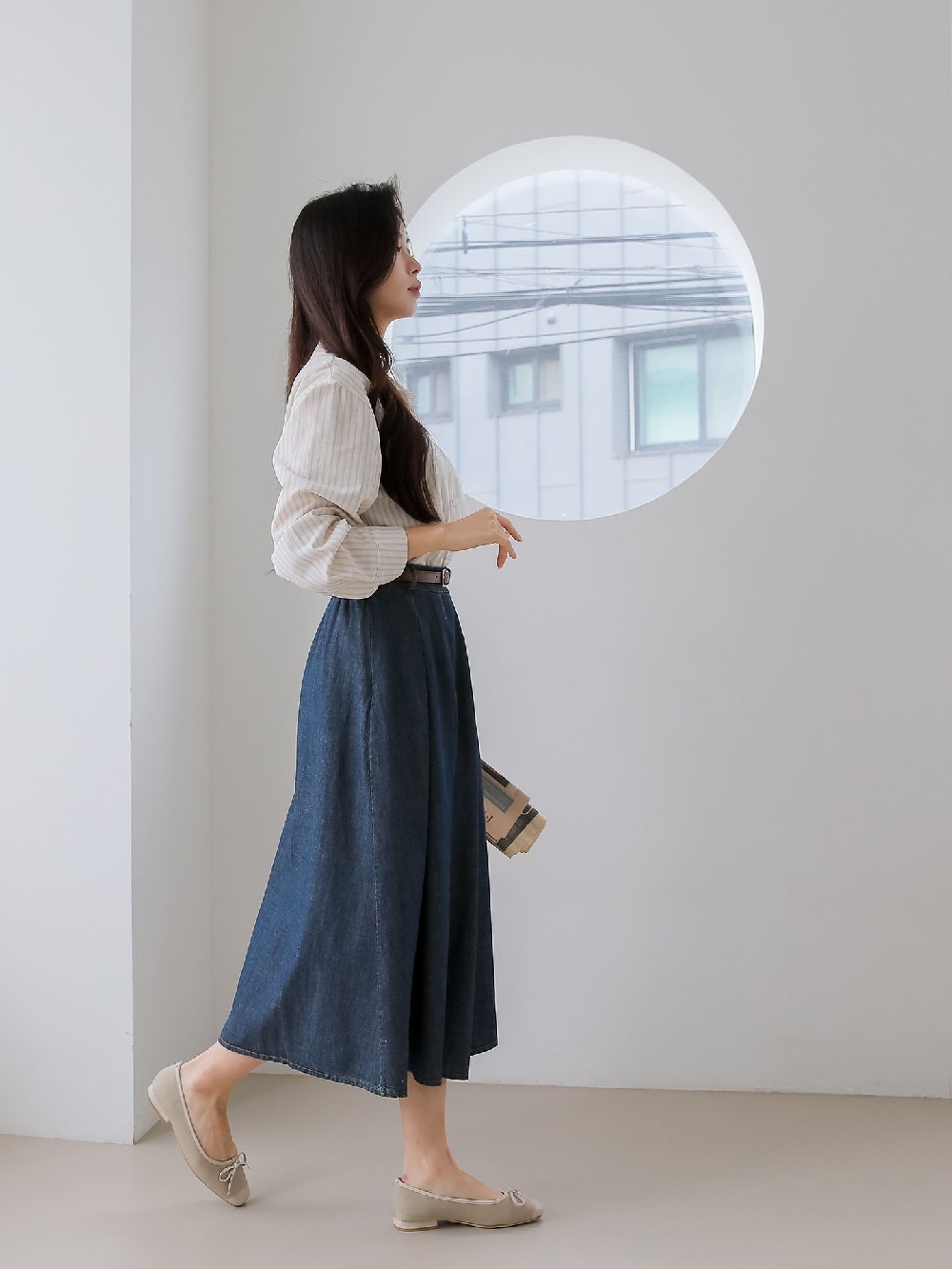 청치마 데님스커트 A라인 주름 핀턱 하이웨스트 벨트 롱 스커트 - 상세 이미지 5