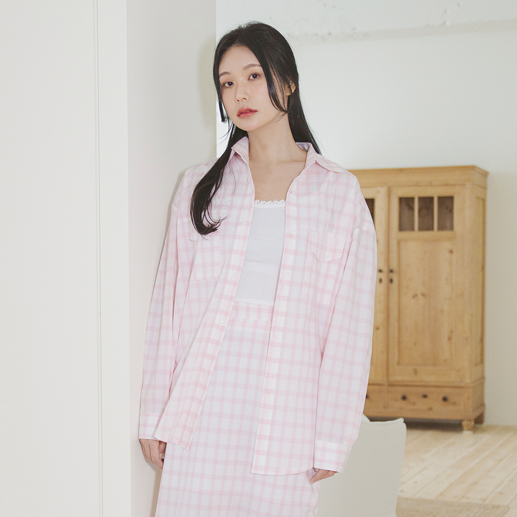 마이체크리스트 여성 투포켓 오버핏 체크셔츠 핑크 - 상품 이미지