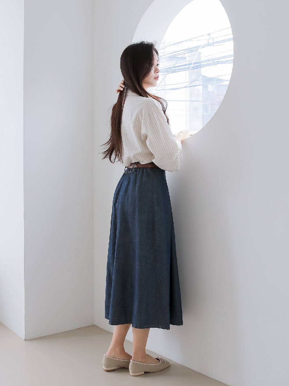 청치마 데님스커트 A라인 주름 핀턱 하이웨스트 벨트 롱 스커트 이미지 6