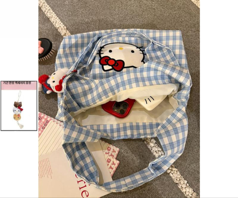 헬로키티 캔버스 가방 토트백 대용량 숄더백 크로스백 천가방 출퇴근 헬로키티 블루 펜던트 미포함 - 상세 이미지 4