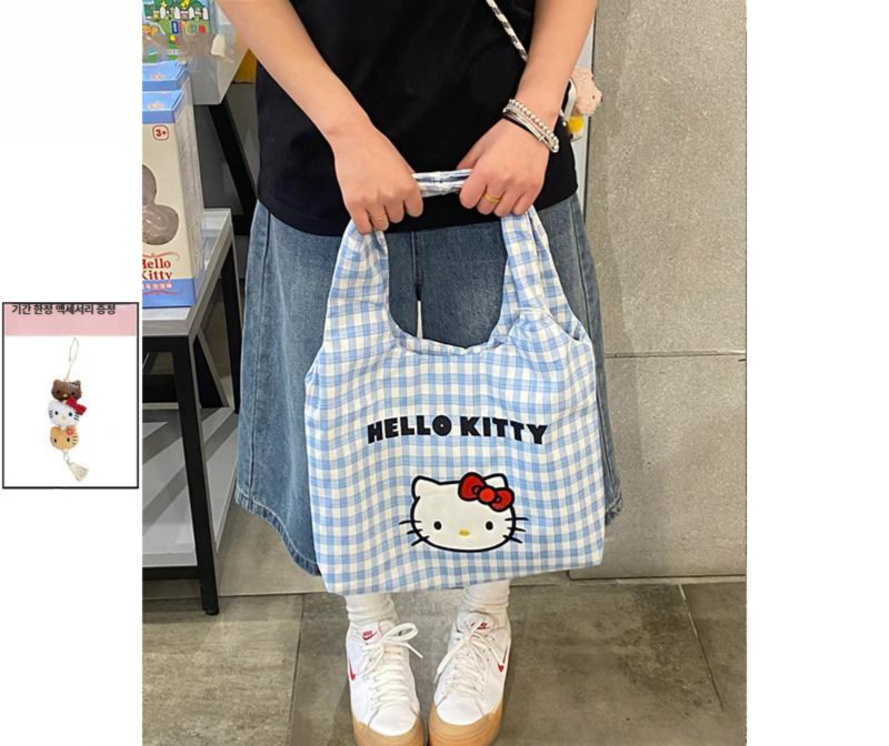 헬로키티 캔버스 가방 토트백 대용량 숄더백 크로스백 천가방 출퇴근 헬로키티 블루 펜던트 미포함 - 상세 이미지 5