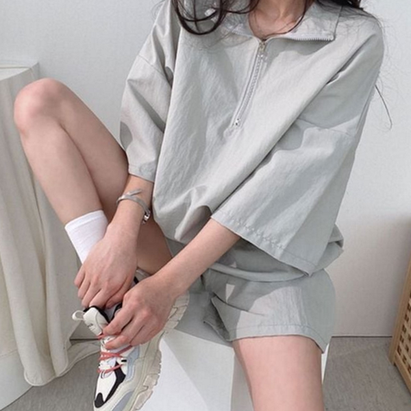 오버핏 여성 트레이닝복 반집업 여성 아노락 상하 반팔 여름 - 상품 이미지