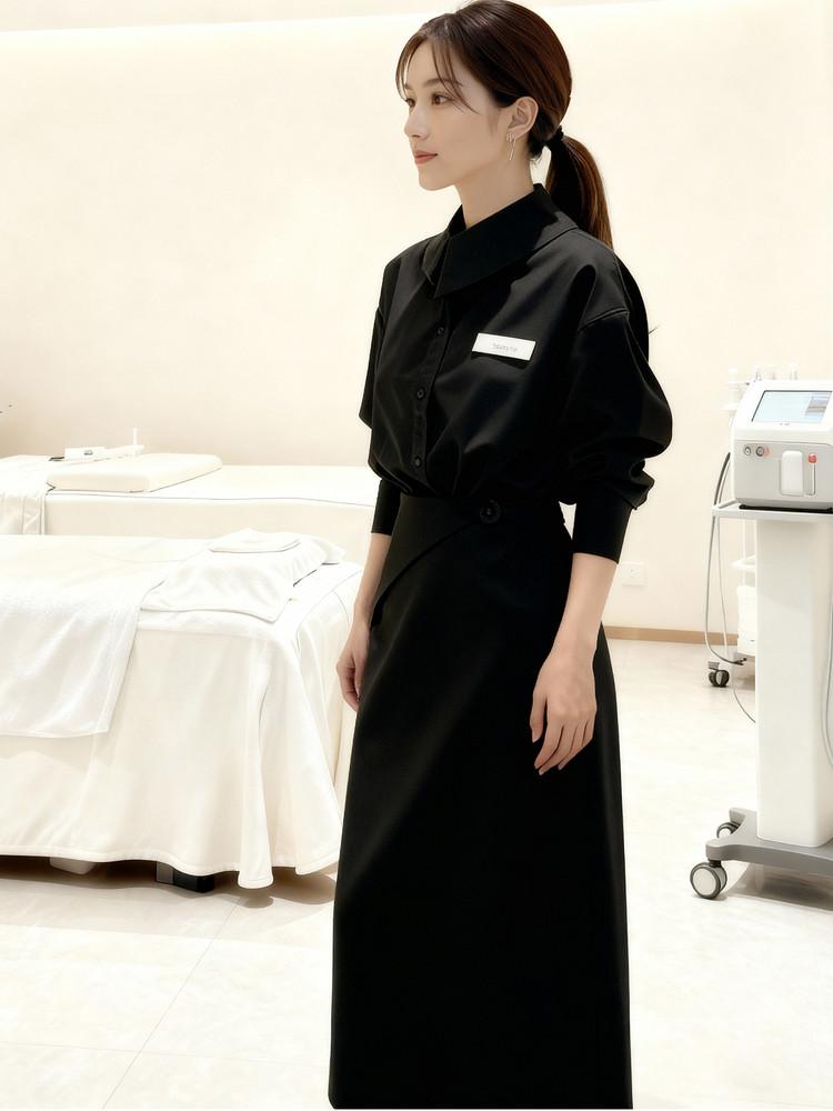 미용실유니폼 뷰티샵 헤어샵 네일샵 스킨케어 SPA 관리사 긴팔 셔츠 스트레이트 스커트 S - 상세 이미지 3
