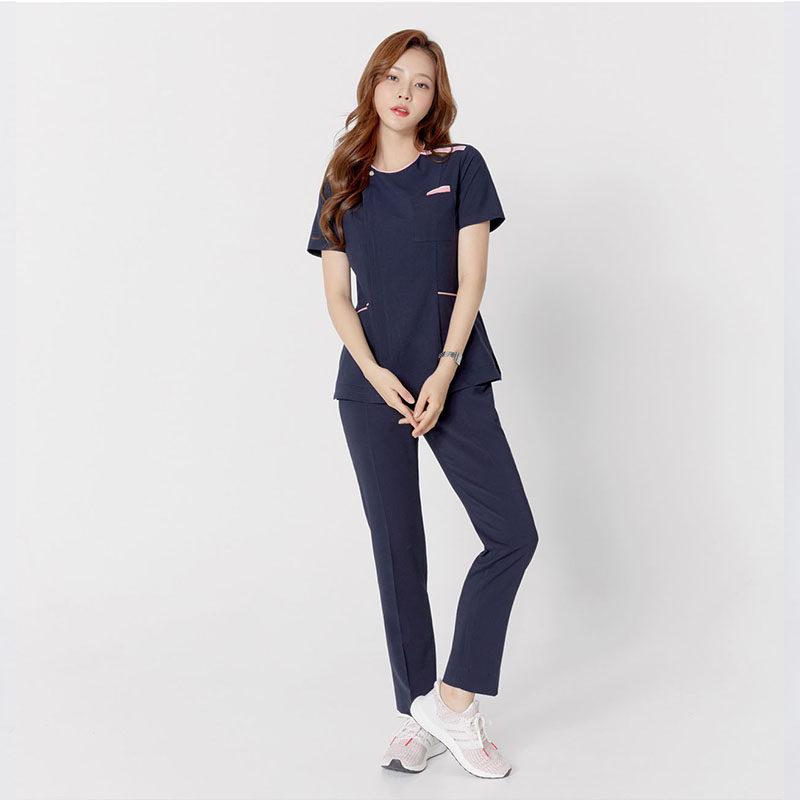 치과 동물병원 간호사 유니폼 간호사복 상하세트 네이비블루 반팔 상의 + 바지 M - 상품 이미지