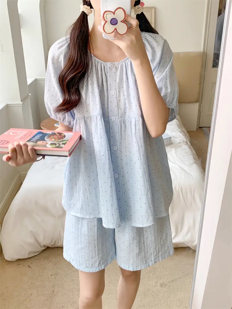 순면 반팔 커플잠옷 반바지 신혼 도트 홈웨어 원마일웨어 파자마 여름 이미지 7