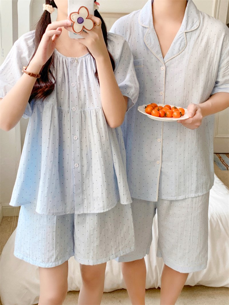 순면 반팔 커플잠옷 반바지 신혼 도트 홈웨어 원마일웨어 파자마 여름 - 상세 이미지 3