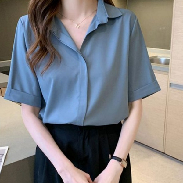 루즈핏 여성 반팔 셔츠 오피스 여성 블라우스 데일리 여름 - 상품 이미지