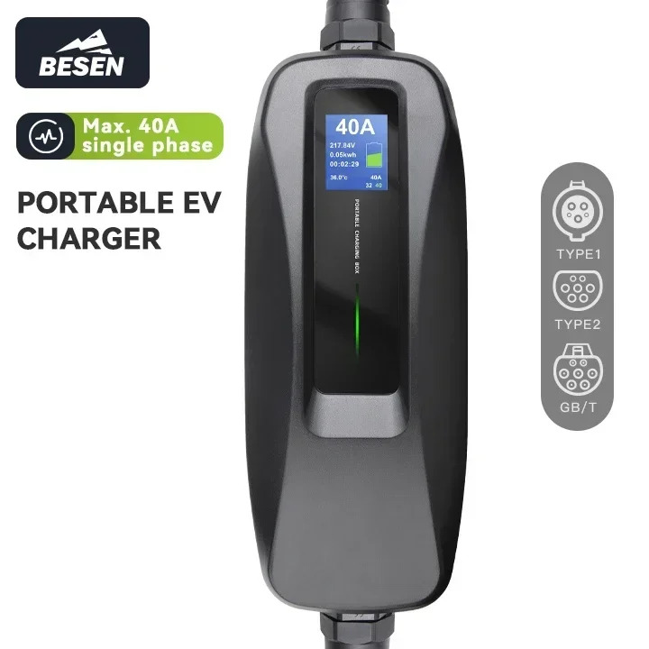 BESEN 8.8kW 휴대타입 1 EV 충전기 단상 AC 충전 LCD 화면 탑재 32A 출력 전류 전기차용
