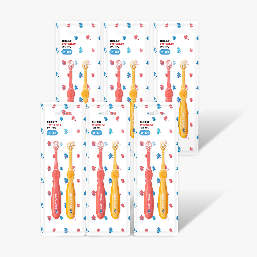 [3+3] 에이카랩스 어린이 유아 아기 안심칫솔 코뿔소 B타입(노랑,핑크) 1세트 2개입, 6개 제품 이미지