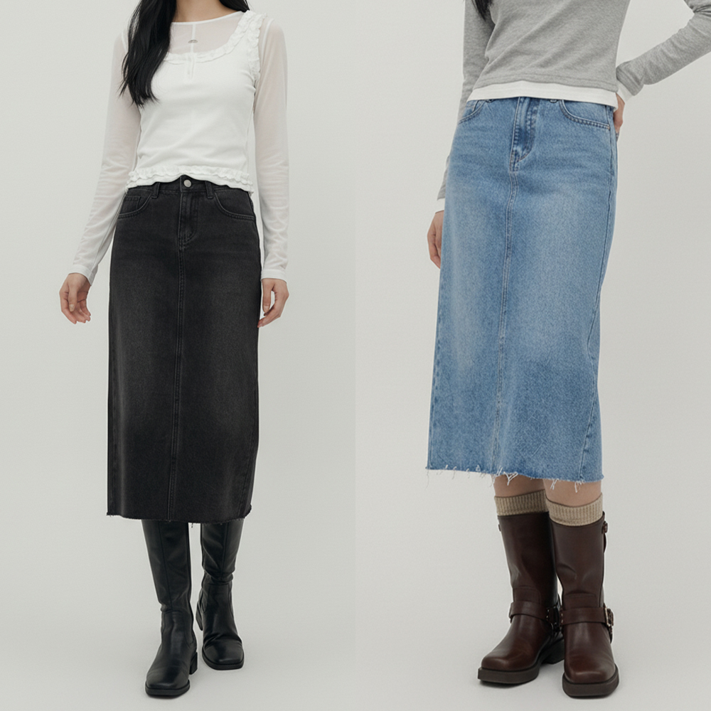 여성 뒷밴딩 워싱 데님 롱 스커트 - 상품 이미지