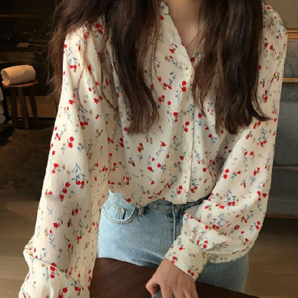 루즈핏 여성 쉬폰 블라우스 데일리 여성 꽃무늬 블라우스 가을 카라 - 상품 이미지