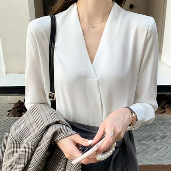 루즈핏 여성 브이넥 블라우스 데일리 여성 랩 블라우스 오피스 긴소매 - 상품 이미지