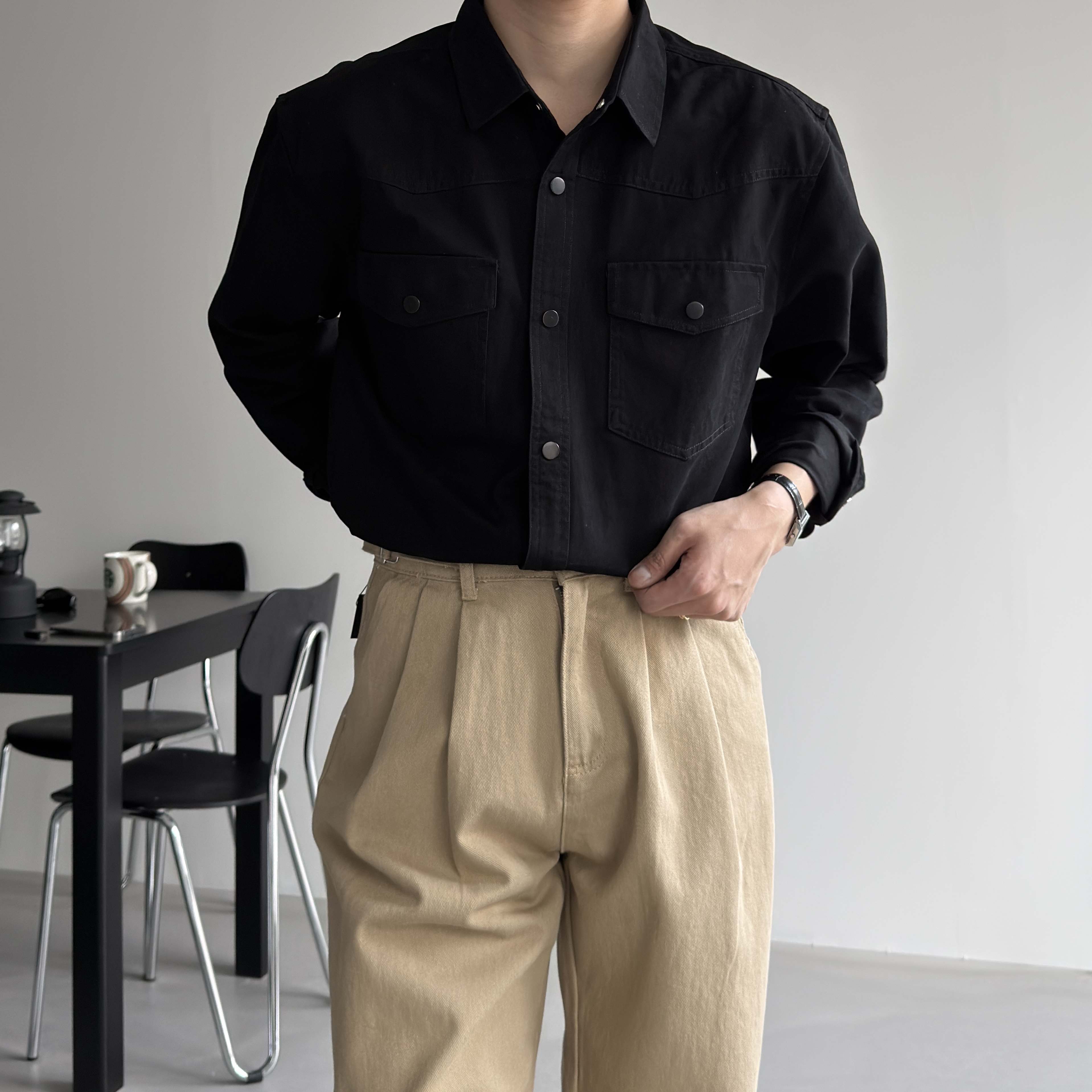 남자오버핏셔츠 남자투포켓셔츠 웨스턴 카키, FREE(One size) - 상세 이미지 2