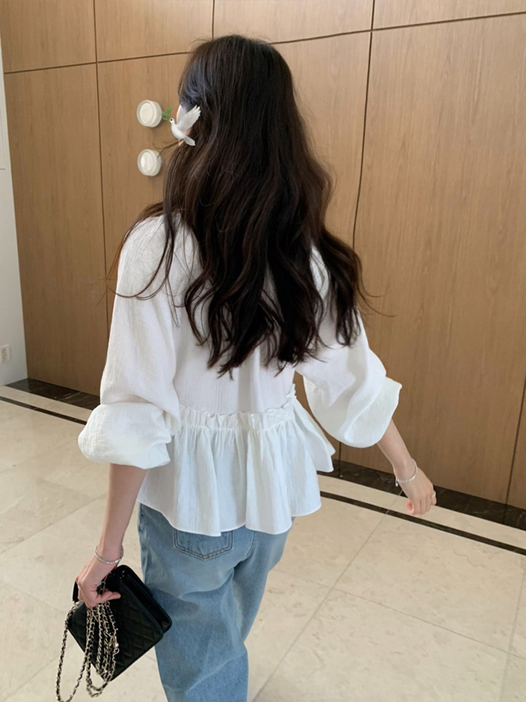 러블리 퍼프 셔링 프릴 블라우스 유넥 긴팔 여성 블라우스 봄 화이트 크림 하객룩 이미지 7