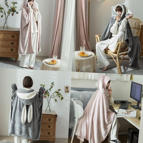 귀여운 토끼 망토 담요 부드러운 극세사 무릎 담요 후드 겨울 - 상품 이미지