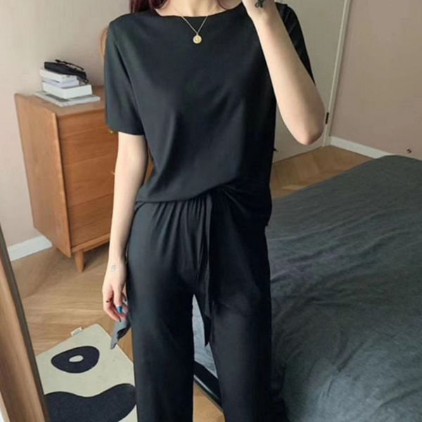 데일리 여성 홈 웨어 플리츠 여성 잠옷 반팔 바지 - 상품 이미지