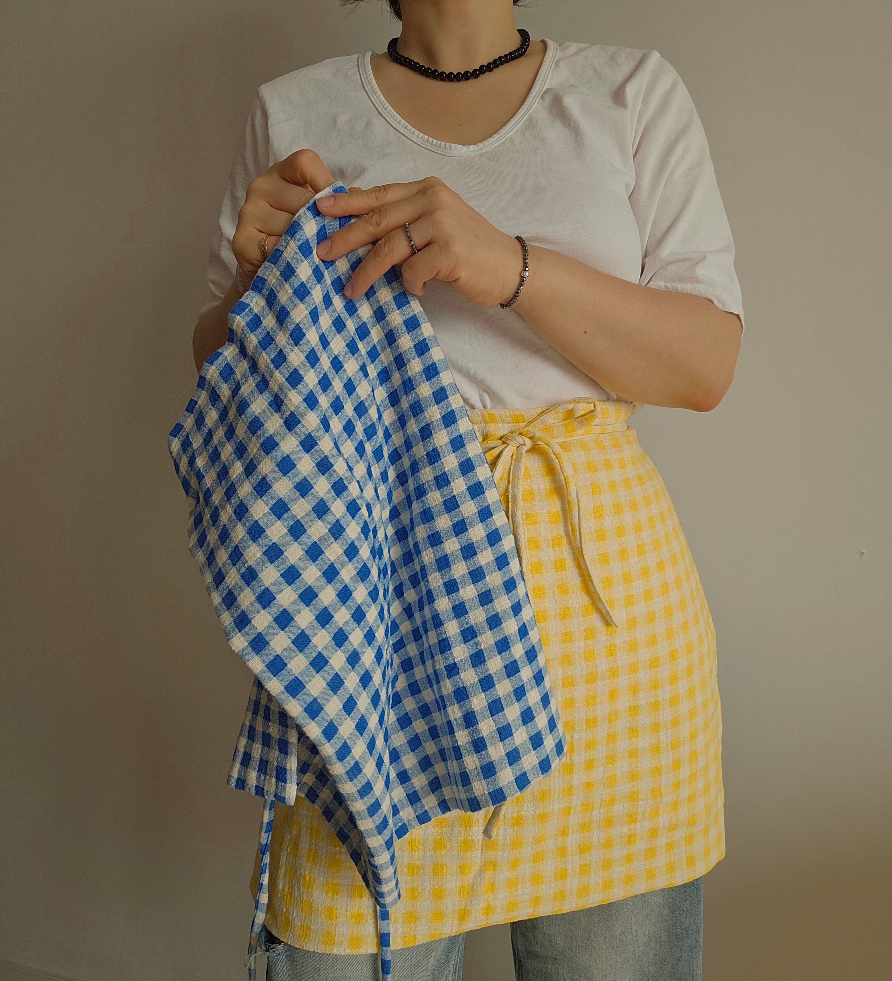 체크 4중지 거즈 허리앞치마 (파랑,노랑)