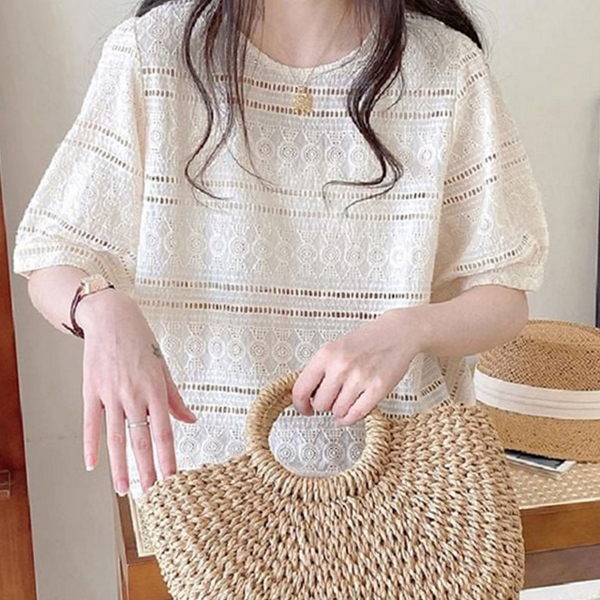 데일리 여성 반팔 블라우스 라운드 여성 여름 블라우스 펀칭 자수 - 상품 이미지