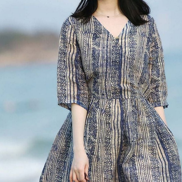 브이넥 여성 원피스 휴양지 여름 원피스 모시 반팔 - 상품 이미지