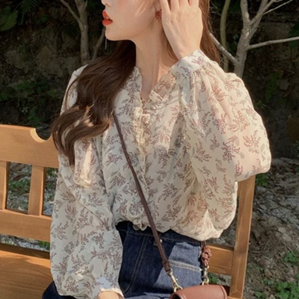 루즈핏 쉬폰 블라우스 레이스 여성 플라워 블라우스 데일리 코디 가을 - 상품 이미지