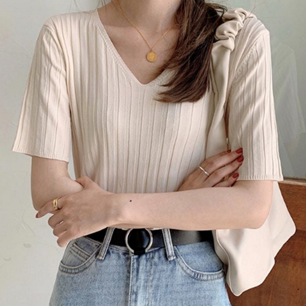 루즈핏 브이넥 티셔츠 데일리 여성 골지 티셔츠 여름 반팔 상의 - 상품 이미지