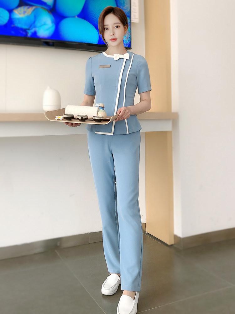 예쁜병원유니폼 상담데스크 여름 스파 네일샵 미용사 작업복 스타일리스트 네이비블루+핑크 반팔+네이비블루 바지 S - 상세 이미지 5