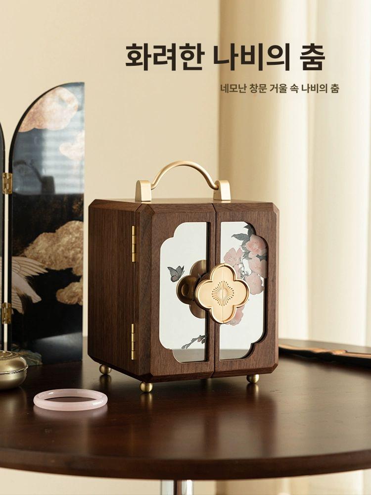 호두 원목 주얼리 목걸이 보관함 악세서리 예물 5단 사각 꽃창 양문 손잡이형 - 상세 이미지 3