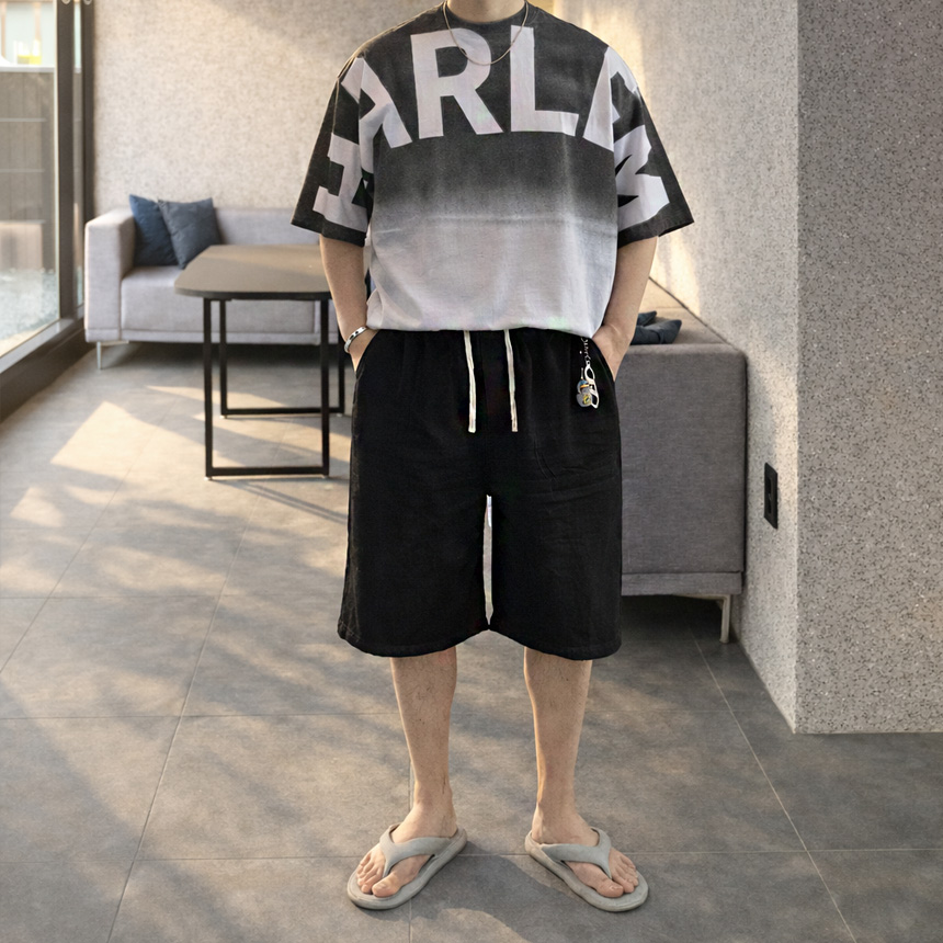 남자 버뮤다 청반바지 와이드핏 허리 밴딩 6부 흑청 데님 반바지 - 상세 이미지 5
