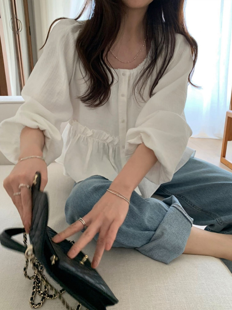 러블리 퍼프 셔링 프릴 블라우스 유넥 긴팔 여성 블라우스 봄 화이트 크림 하객룩 이미지 8