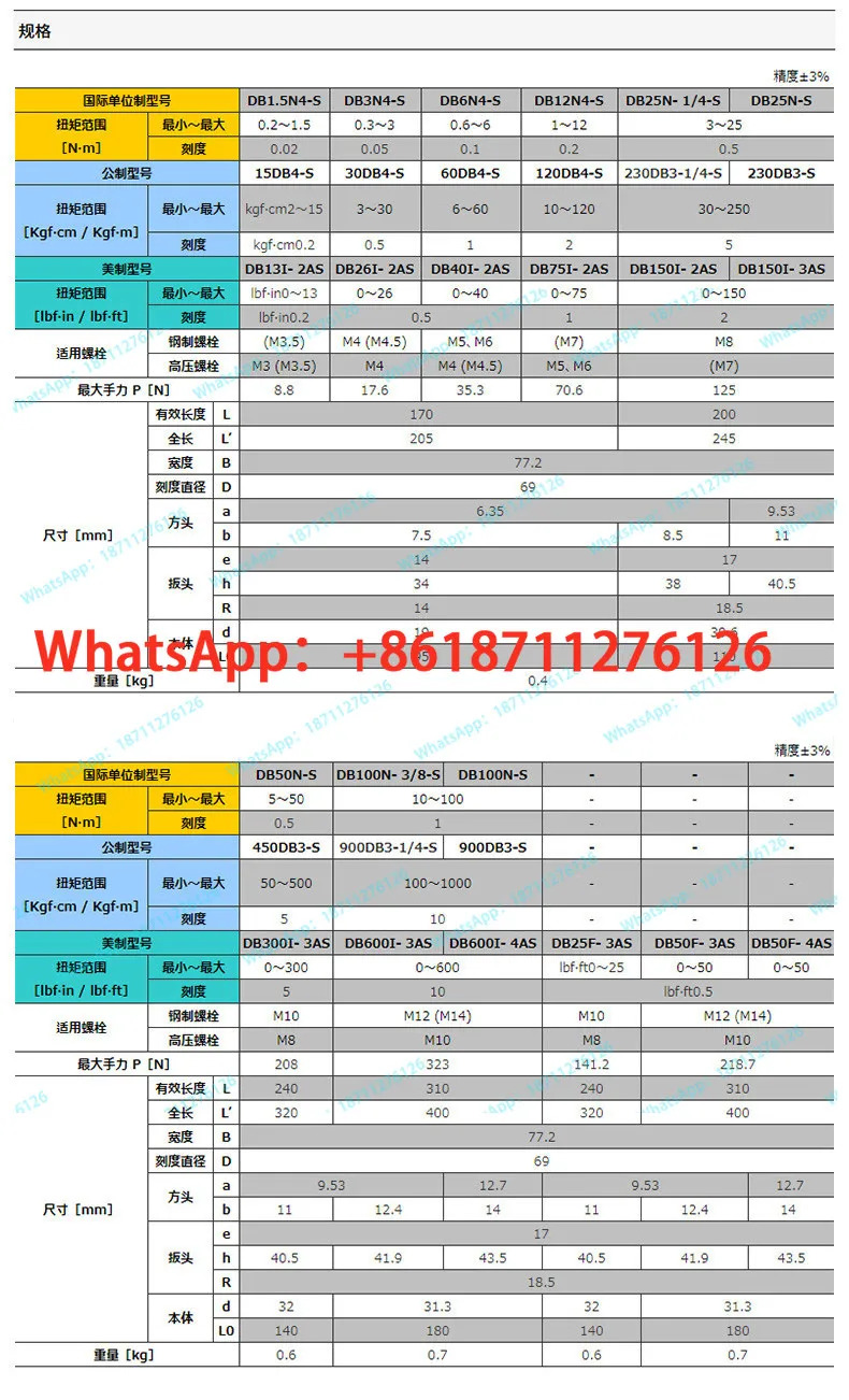 직접 판독 토크 렌치 15 30DB4-S DB60 120 250M5-S